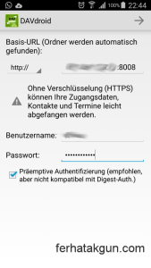 URL and credentials for CardDAV